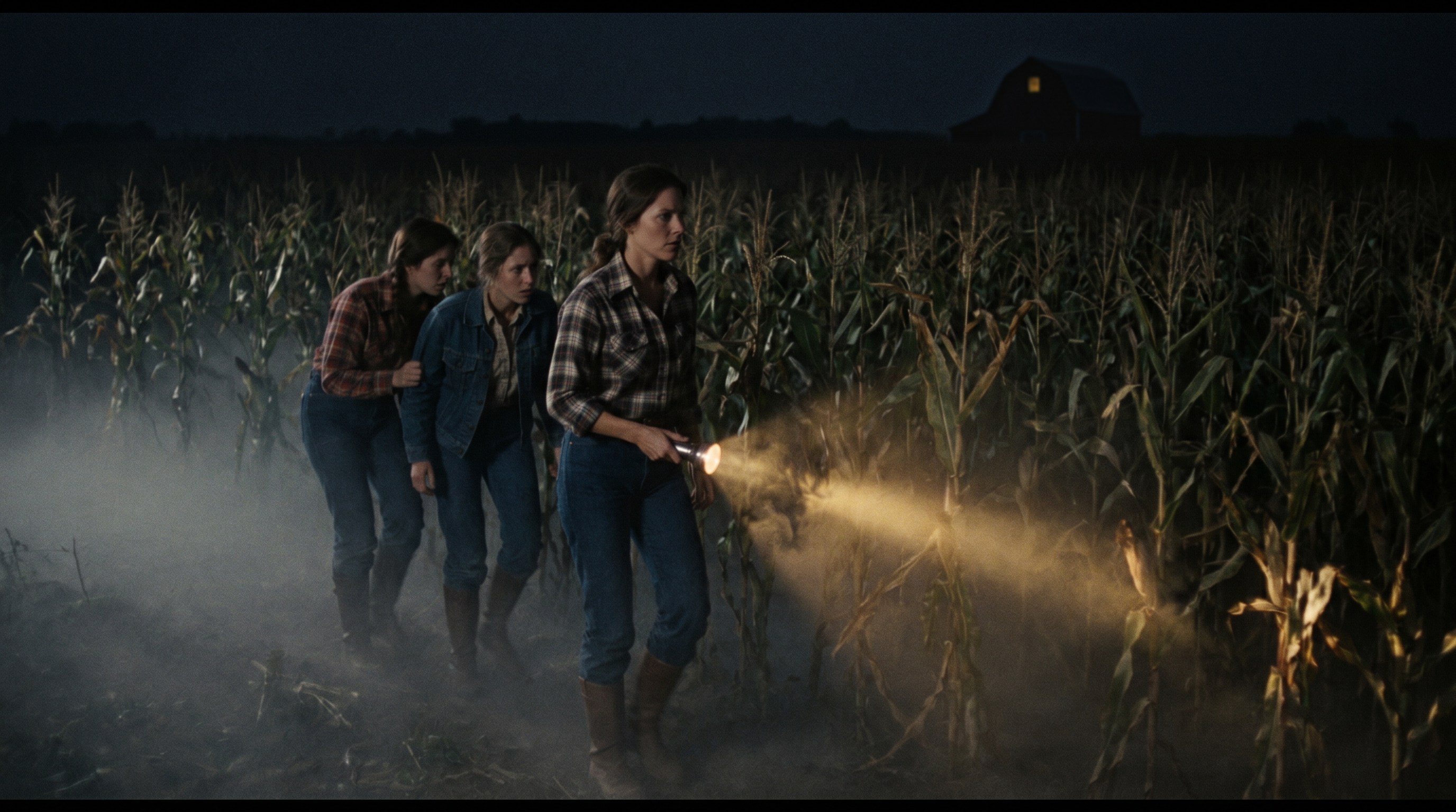 Three women in the cornfield at night